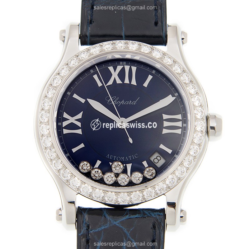 Chopard Happy Sport Replica - Automatic - Blue Steel Case - Blue Dial - Alligator Blue Strap - Luxury Replica HAPPY SPORT Watch
